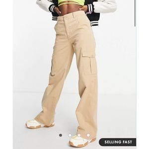 Pull&Bear high waist wide leg cargo pants in beige
